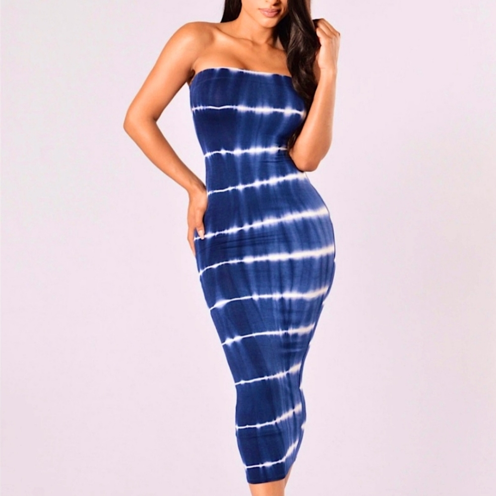 FASHION NOVA Dress Blue Tie Dye Tube Dress -Small